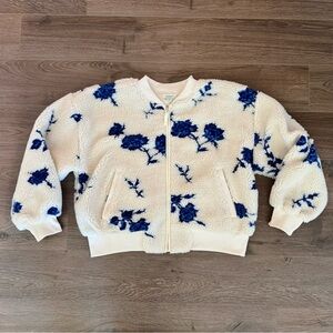 Sundance Sherpa Bomber Jacket Blue Cream Floral Womens XL Cozy Fleece Country